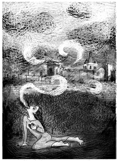 Illustrazioni Pietro Galeoto:  ORIA - La nebbia eterna del castello maledetto 
 “Con il suo sangue, decretarono i divinatori, si dovevano impregnare le pietre dei muri che solo così si sarebbero fissate per sempre nel tempo”.  