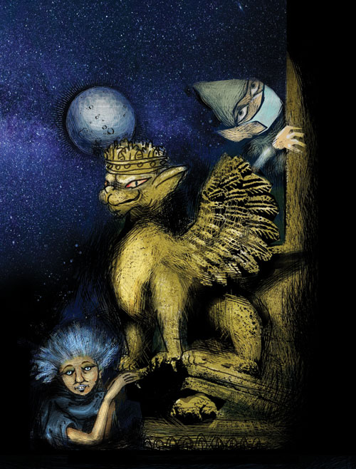 Illustrazioni Pietro Galeoto:  SOLETO - La notte del Diavolo e dei grifoni di pietra 
Tavola a colori inedita proposta per la copertina
